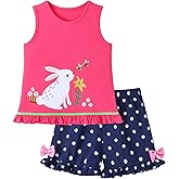 HILEELANG Toddler Girl Summer Easter Outfit Short Sets Cotton Ruffle Sleeve Tops Tees Shorts Clothing Sets