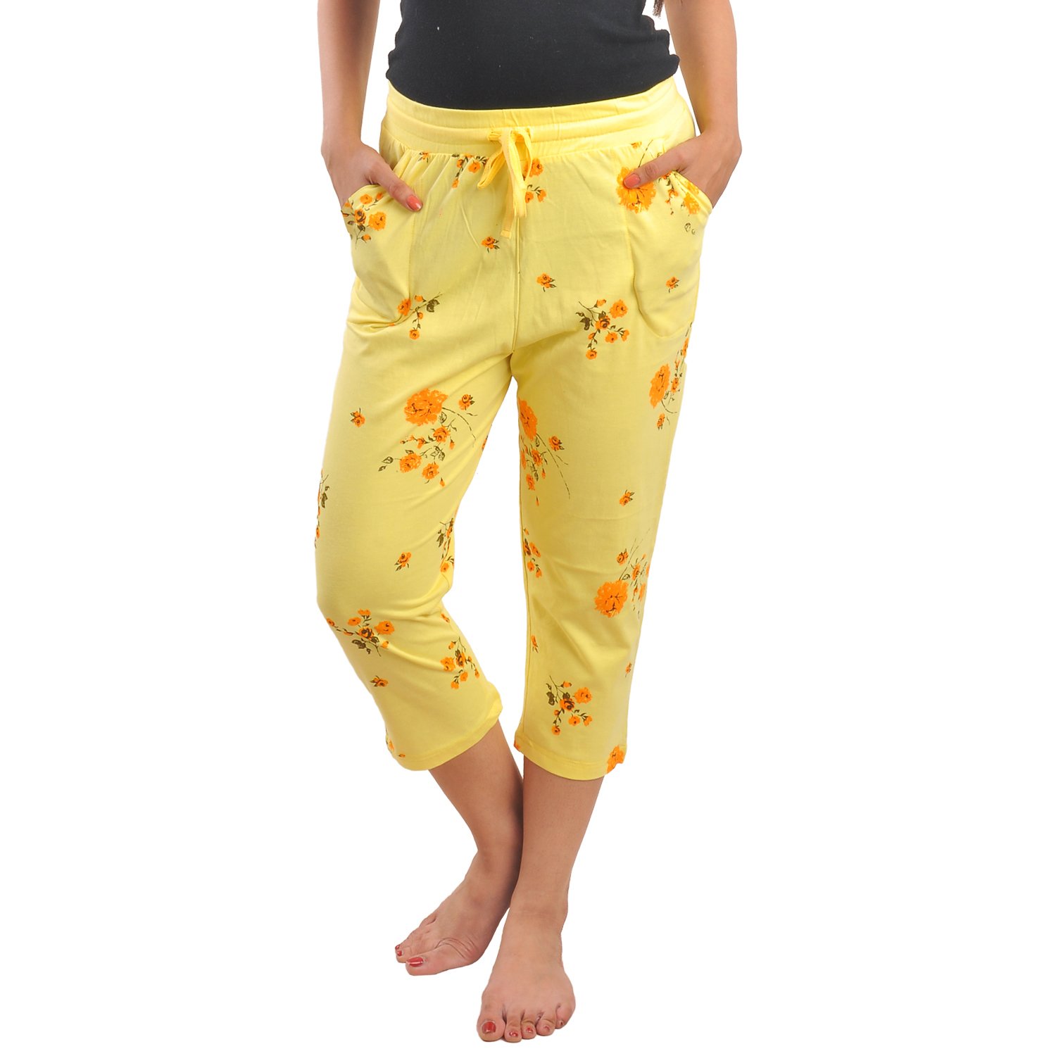 a9 women's cotton printed yellow capri
