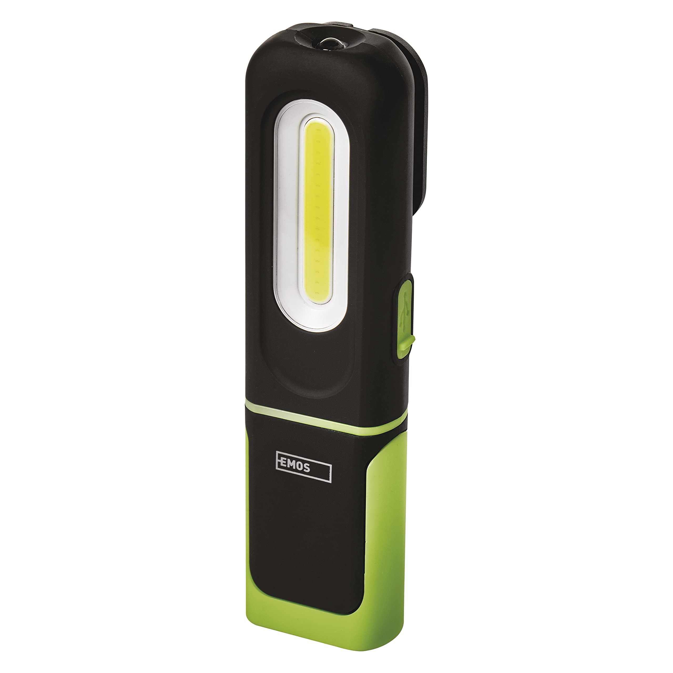 EMOS - Rechargeable LED Work Light - Magnetic Base, Hook, Adjustable - Shock-Resistant, Waterproof - 300lm, max. 45m - 3 Light Modes - 7 Hours - USB Cable - IP43 for Outdoor use - Black-Green