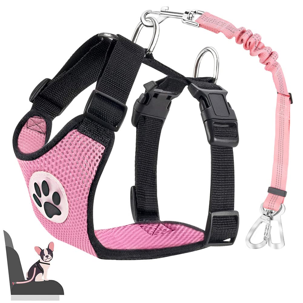 Nasjac Dog Car Harness with Seat Belts, Safety Adjustable Dog Seat Belts for Cars with Clip and Buckle, Breathable Mesh Pet Vest Harness Seatbelts with Secure Elastic Buffer for Travel