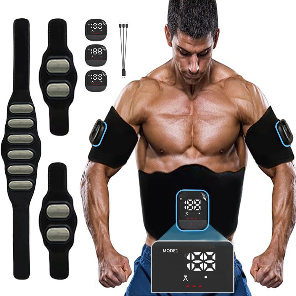 ABS Trainer Muscle Stimulator, EMS Abdominal Massage Belts Electric Stimulators Aluminum Sheet Toner 10 Modes & 30 Intensities Calories Consumption Display, Abs Stimulator Full Body ABS/Arm/Leg