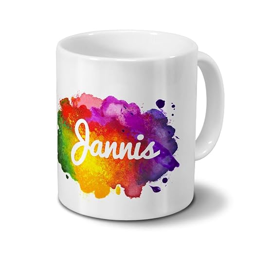 Tasse mit Namen Jannis - Motiv Color Paint - Namenstasse, Kaffeebecher, Mug, Becher, Kaffeetasse - Farbe Weiß