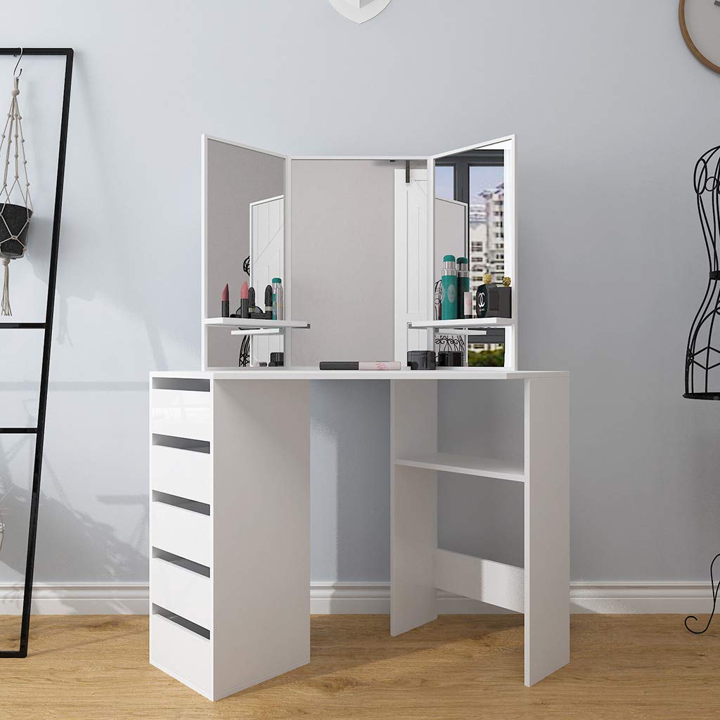 Amazon Com Vanity Set Makeup Vanity Desk Dressing Table With Mirror Drawers Storage Shelf White Dresser Desk Vanities Bench Modern Make Up Tables For Women Girls Bedroom Living Room Dressing Room White