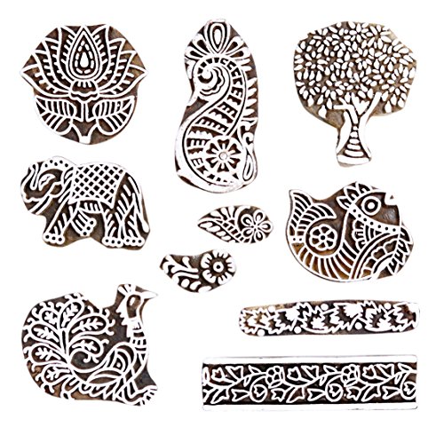 Hashcart Baren for Block Printing Stamps/Wooden Stamping Block/Handcarved Designer Craft Printing Pattern for Saree Border,Henna/Textile Printing,Scrapbooking,Pottery Crafts & Wall Painting,Set of 10