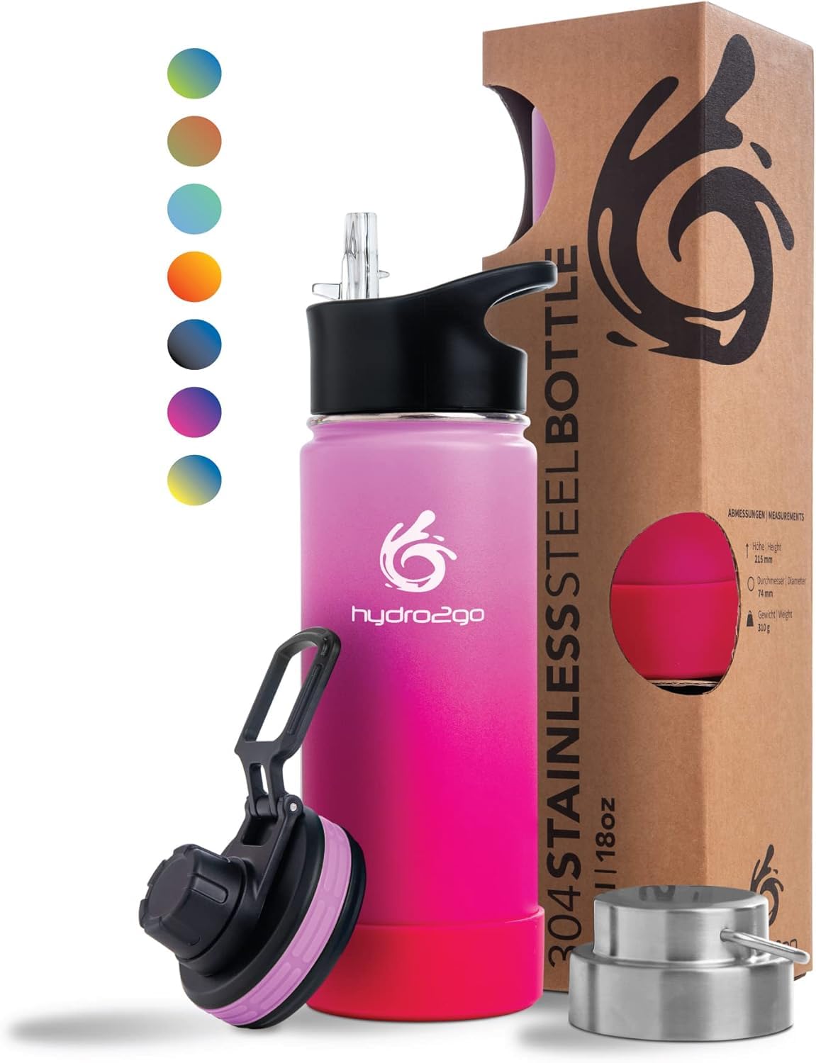 hydro2go stainless steel water bottle BPA-free for kids school sports outdoor, keeps drinks hot 12H cold 24H, includes 3 caps 530ml Bloom