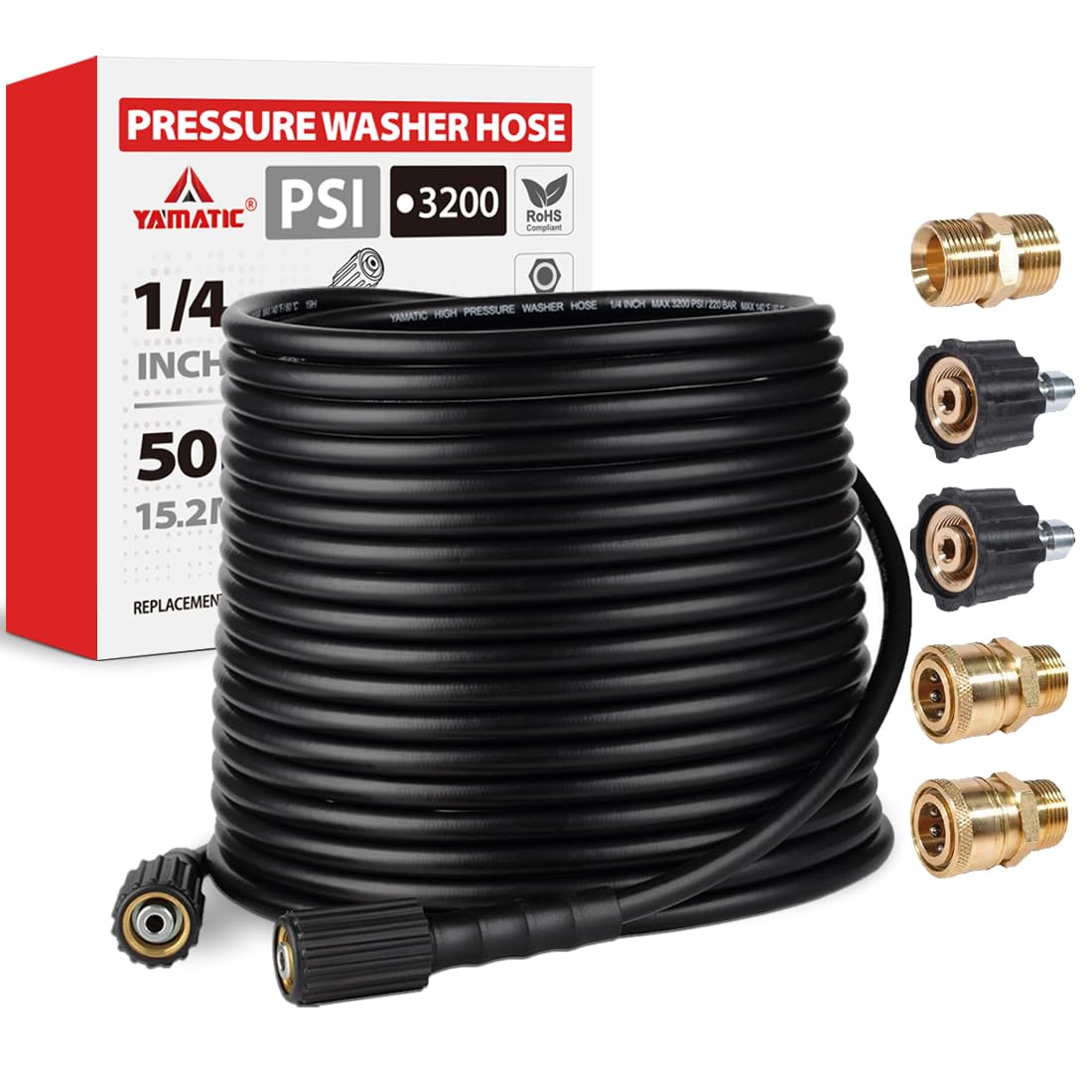 YAMATIC 15m Pressure Washer Hose High Replacement Pipe, Anti-Kink 1/4 Inch Extension with M22-14mm Coupler and 3/8 Quick Connect Adapters for Petrol and Electric Washers, 220 Bar 3200 PSI (Black)