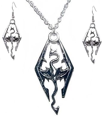 Amazon Com New Horizons Production The Elder Scrolls Skyrim Dragon Logo Pendant Necklace W Earrings Clothing