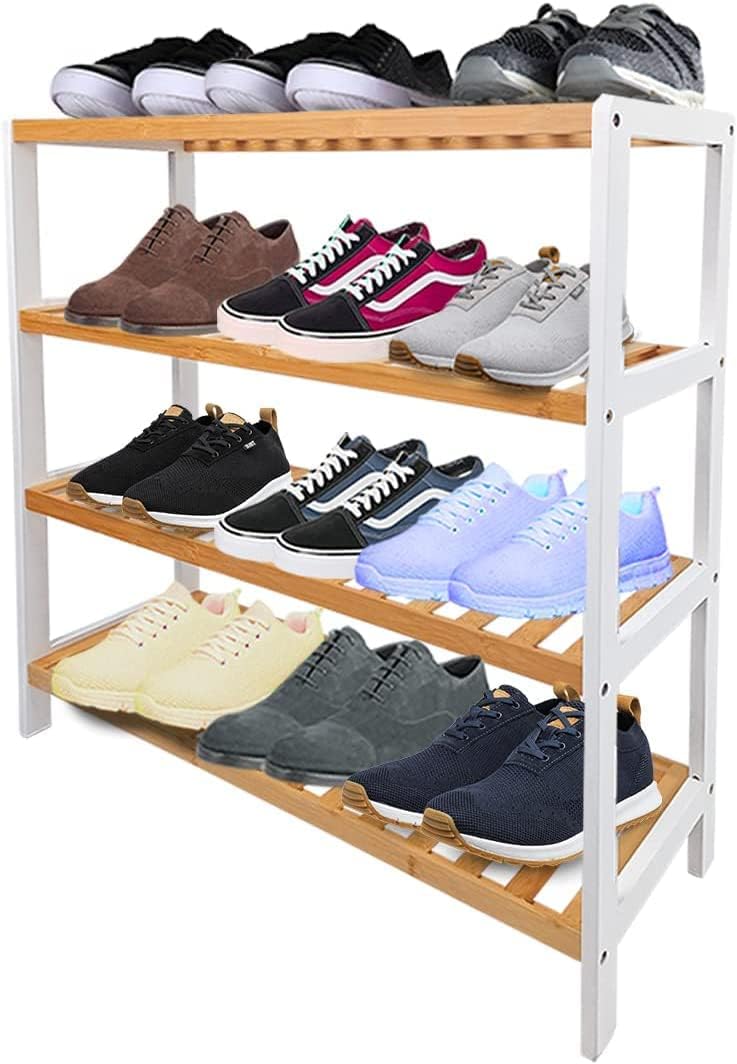 1ABOVE Bamboo Shoe Rack Plant Rack 4 Tier White Natural