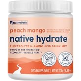 NativePath Hydrate Electrolyte Powder, Peach Mango, 30 Servings | 14 Vitamins &amp; Minerals, 9 Aminos &amp; 2000mg BCAAs, Zero Sugar, Supports Hydration &amp; Recovery, Stevia, Keto