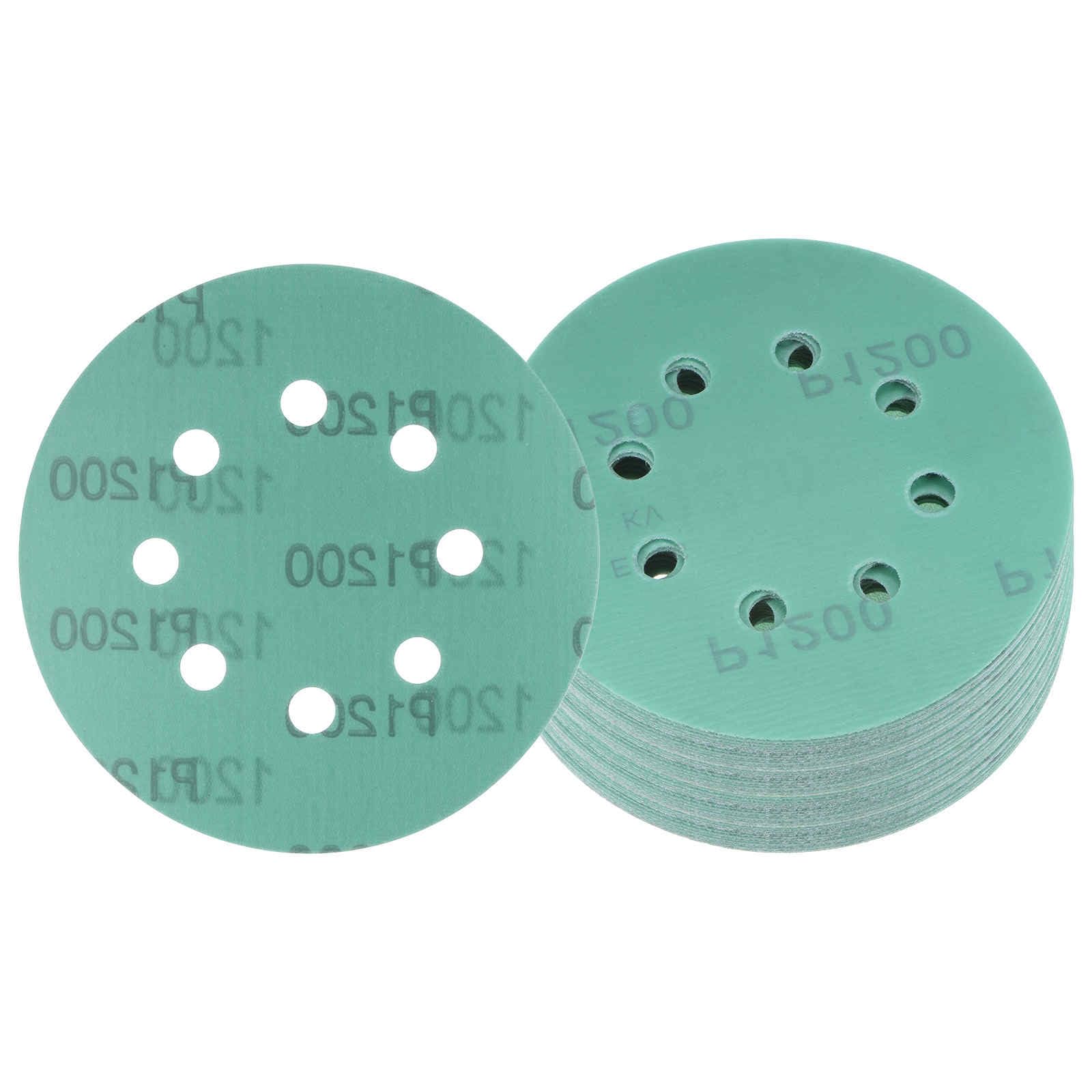 Kozelo 50pcs Green Film Sanding Discs - [5 Inch 1200 Grits 8 Hole ] Round Aluminum Oxide Hook & Loop Wet Dry Sander Pads for Wood Metal Polishing Use| Zirconium Corundum Sandpaper