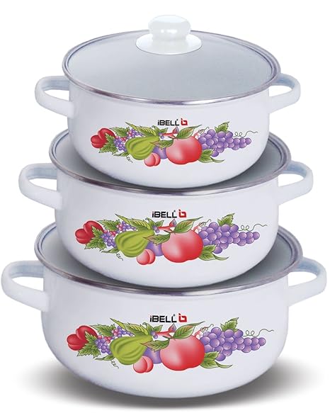iBELL IBL ECS 3318 (3308) Decorative Enamel Casserole, Set of 3, with Sturdy Glass Lids