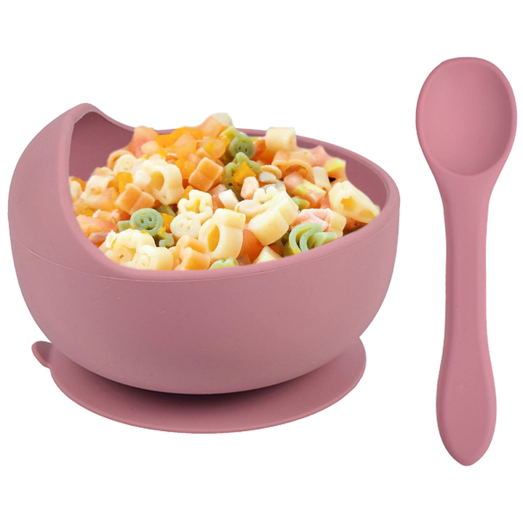 Delven Baby Bowls Spoons for Feeding,Silicone Toddler Weaning Bowls Set Pink with Suction BPA Free Non Slip Easy to Clean Cutlery Tableware Set for Children Infant Girls,Microwavable Dishwasher Safe