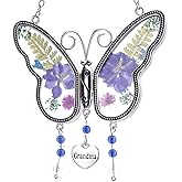 Laraine Butterfly Suncatcher with Pressed Colourful Flower Wings Mom Mother's Day Butterfly Glass Wind Chime Ornament Charm with Metal Heart Gifts for Mom Grandma Birthday (Purple Grandma)