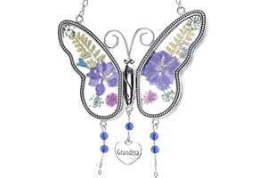 Laraine Butterfly Suncatcher with Pressed Colourful Flower Wings Mom Mother's Day Butterfly Glass Wind Chime Ornament Charm with Metal Heart Gifts for Mom Grandma Birthday (Purple Grandma)