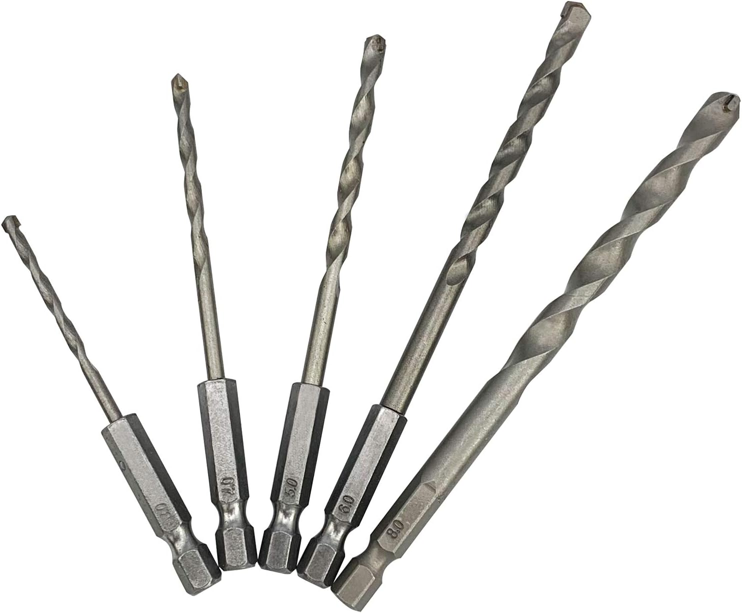NORTOOLS 5PCS Masonry Drill Bit Set (3/4/5/6/8 mm) - Carbide Tip for Concrete Brick, Stone, 5 PCS_Silver_Hex Shank