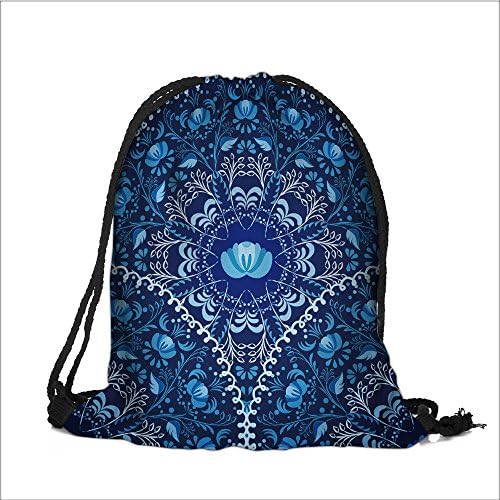 Drawstring Backpack Bags seamless background of circular patterns navy blue ornament russian national style gzhel polyester fabric Folding Shoulder Cinch Bag(13.7W x 17.7L INCH)