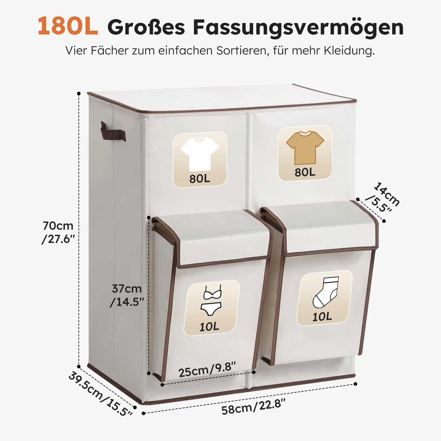 SOLEDI 180L Wäschekorb mit Deckel, Wäschesammler 2 Fächer mit 2 Seitentaschen, Laundr Baskets mit 2 Wäschesack, Wäschesortierer Groß XXXL für Badezimmer, Schlafzimmer, Waschküche 7
