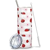 Mofvugz Ladybug Gifts for Women Girls, Cute Ladybugs Daisy Floral Tumbler Cup Coffee Travel Mug, Lady Bug Pink Metal Thermal Insulated Tumblers 20 Oz, Ladybug Decor Accessories Stuff, Kawaii Gifts