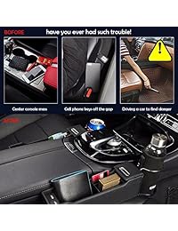 KOBWA   Bolsillo lateral de consola con organizador de monedas y soporte para tazas y 2 puertos USB de carga, organizador de asiento de coche con ranura de piel sintética, para evitar caídas, Negro