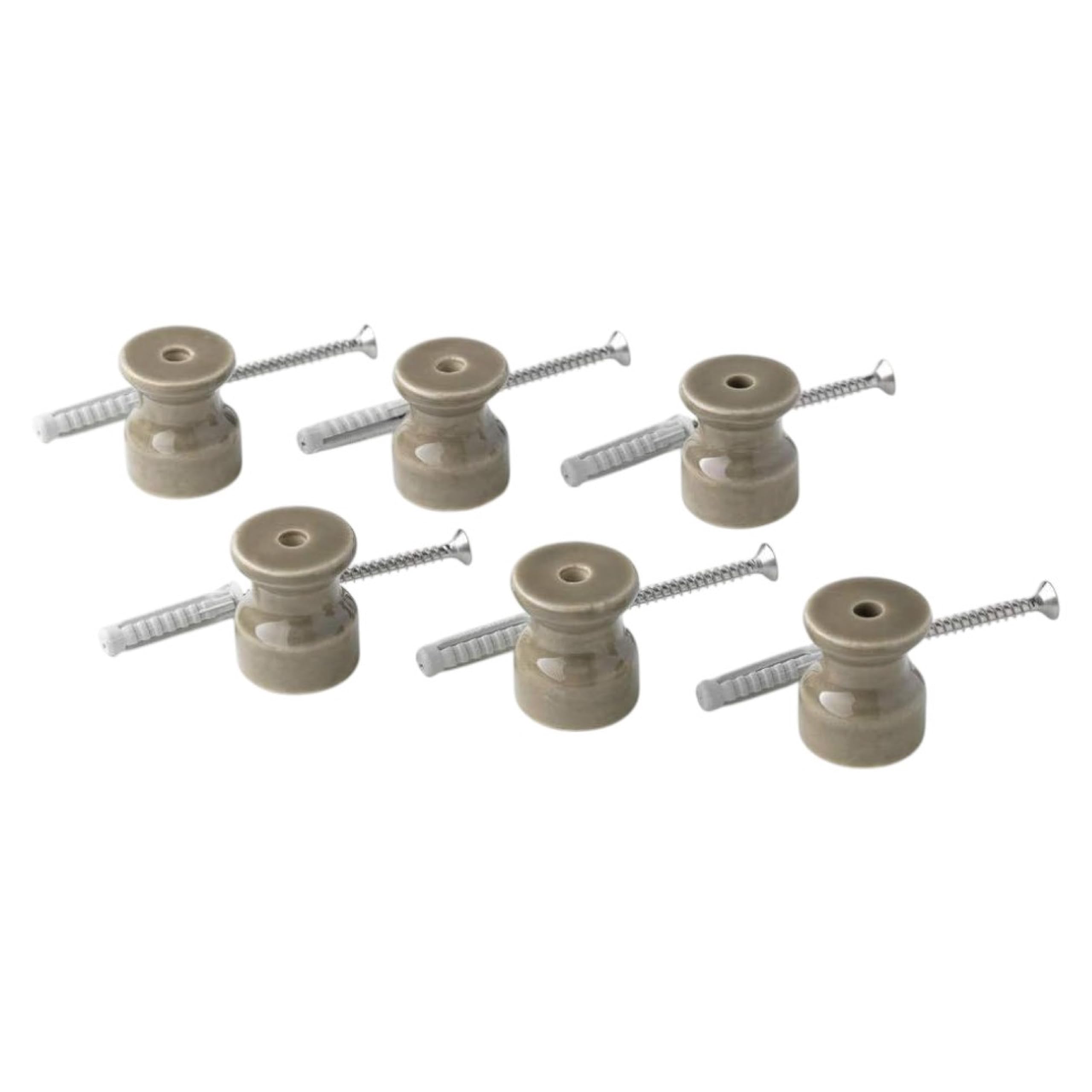 Klartext Belle ÉPOQUE Vintage Style Insulators for Installation with Braided Textile Cable, Fine Porcelain Handmade, Glossy Taupe, Ø20 mm, 6 Pieces