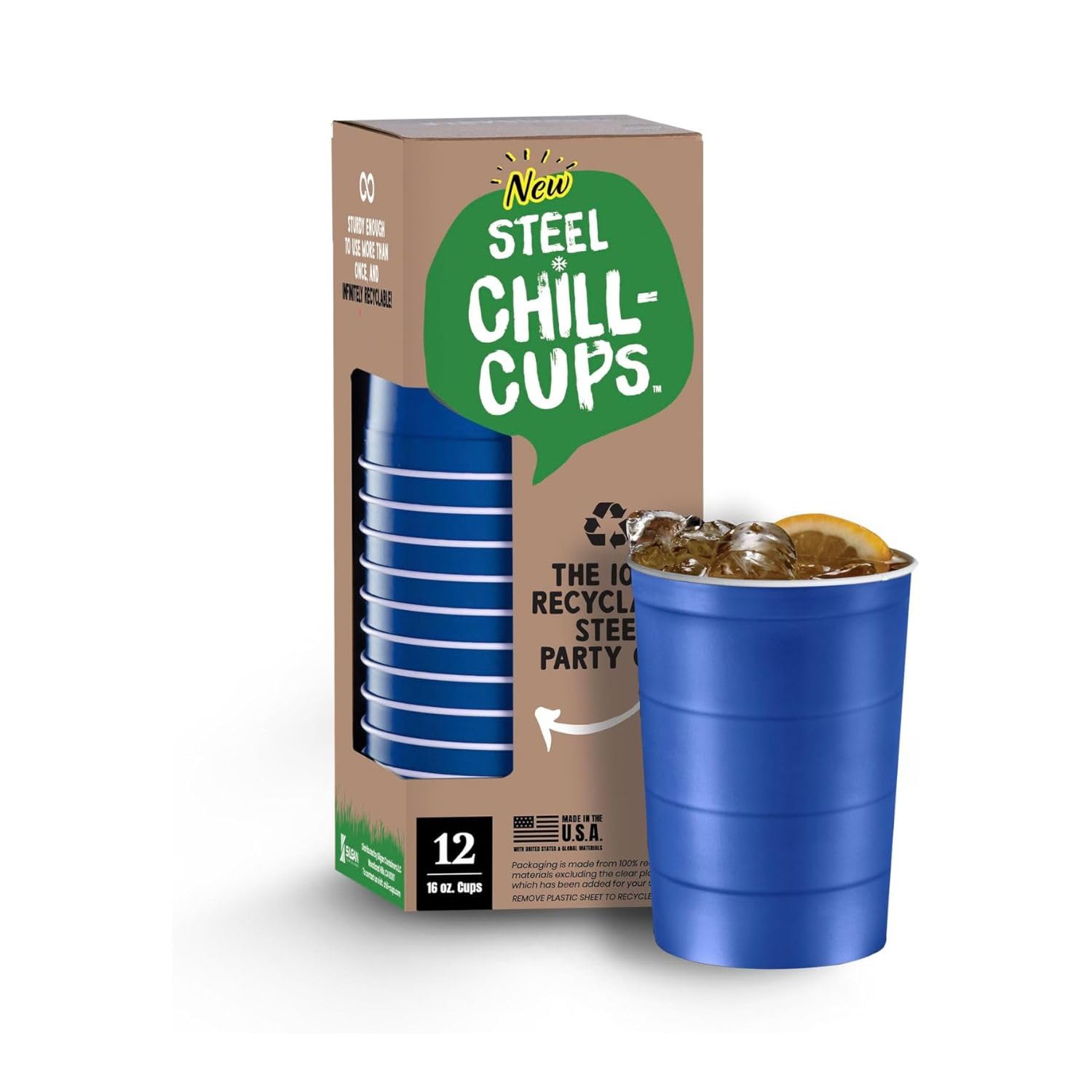 16 oz. Party Cups, Perfect for Cold Drinks, Sturdy & Durable, Disposable and 100% Recyclable, Made in USA, Blue, 12 Count
