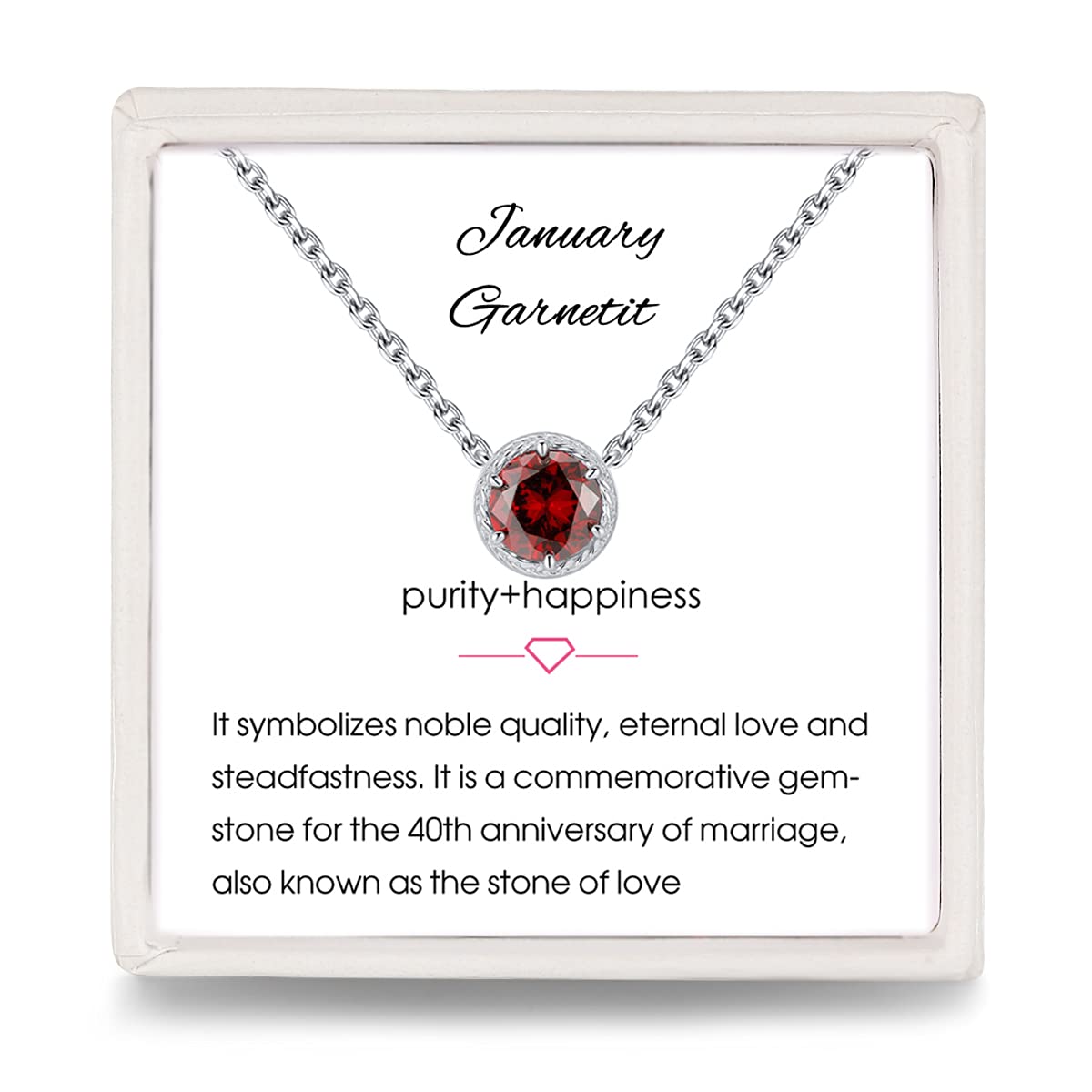 Presentski Garnet January Birthstone Necklace Sterling Silver - Red Solitaire Gemstone Pendant Birthstones Necklaces with Round Cut Red CZ Crystal Christmas Jewelry Gifts for Mom