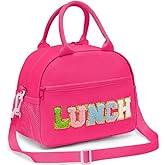 Hairao Lunch Bag for Women and Girls, Aesthetic Preppy Insulated Lunch Tote, Large Reusable Lunch Box with Gold Chenille Letters, Detachable Strap for School, Work & Picnic, Rose Red