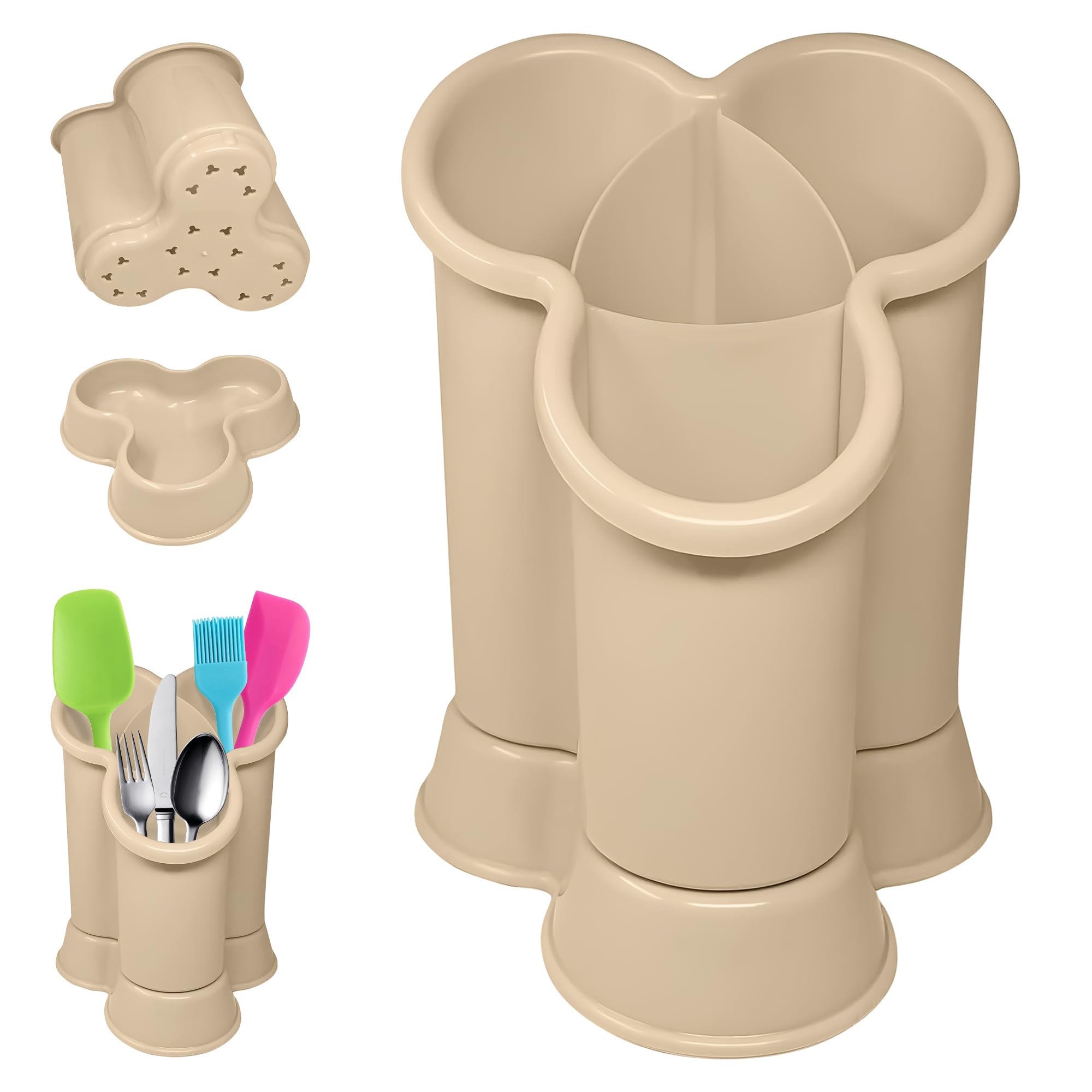 4 Compartment Cutlery Drainer Caddy | High Grade Plastic Utensil Holder for Kitchen | Cleaning Tools Organizer for Home & Kitchen (Taupe - D2)