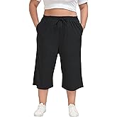 Cheapestbuy Women's Plus Size Capris Wide Leg Crop Casual Pants Comfy Summer Pants with Pockets Drawstring