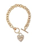 GUESS Goldtone Dangle Logo Heart Charm Chain Toggle