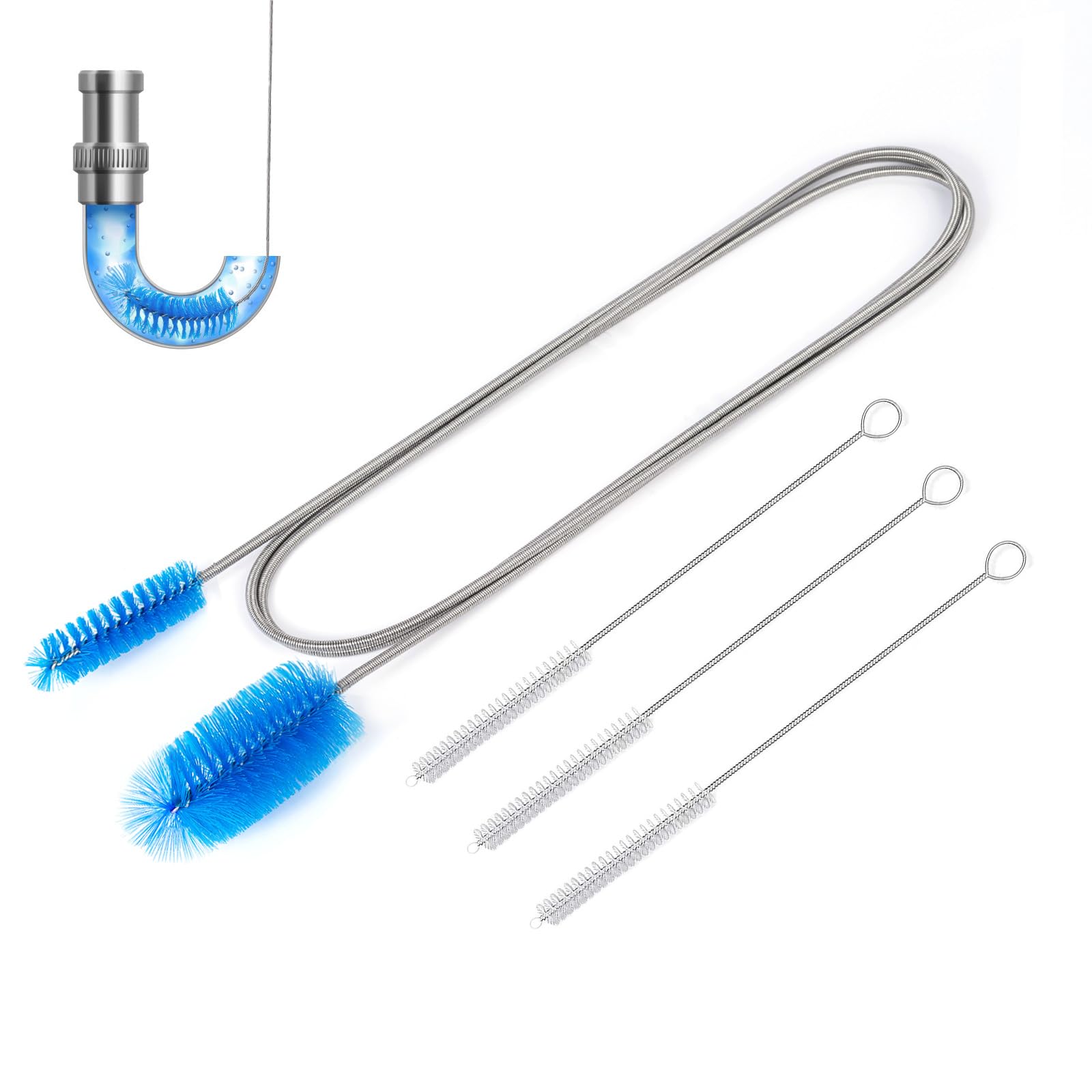 Eidsefe Drain Unblocker Tools，75 Inch Flexible Long Pipe Cleaner Brush ，Nylon Double-Ended Stainless Steel Drain Brush and 3 Pcs of 8 inch Straw Brush (blue)