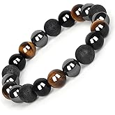 2Pcs Triple Protection Healing Bracelets for Men-10mm Black Obsidian Hematite Lava Beads Tiger Eye Bracelets Men-Gifts for Men Dad Son Boyfriend Christmas Birthday
