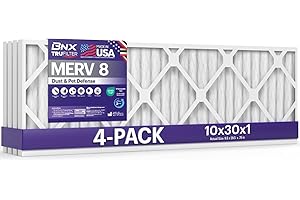 BNX TruFilter 10x30x1 Air Filter MERV 8 (4-Pack) - MADE IN USA – Dust & Pet Defense Electrostatic Pleated Air Conditioner HVAC AC Furnace Filters for Dust, Pet, Mold, Pollen MPR 600 – 700 & FPR 5