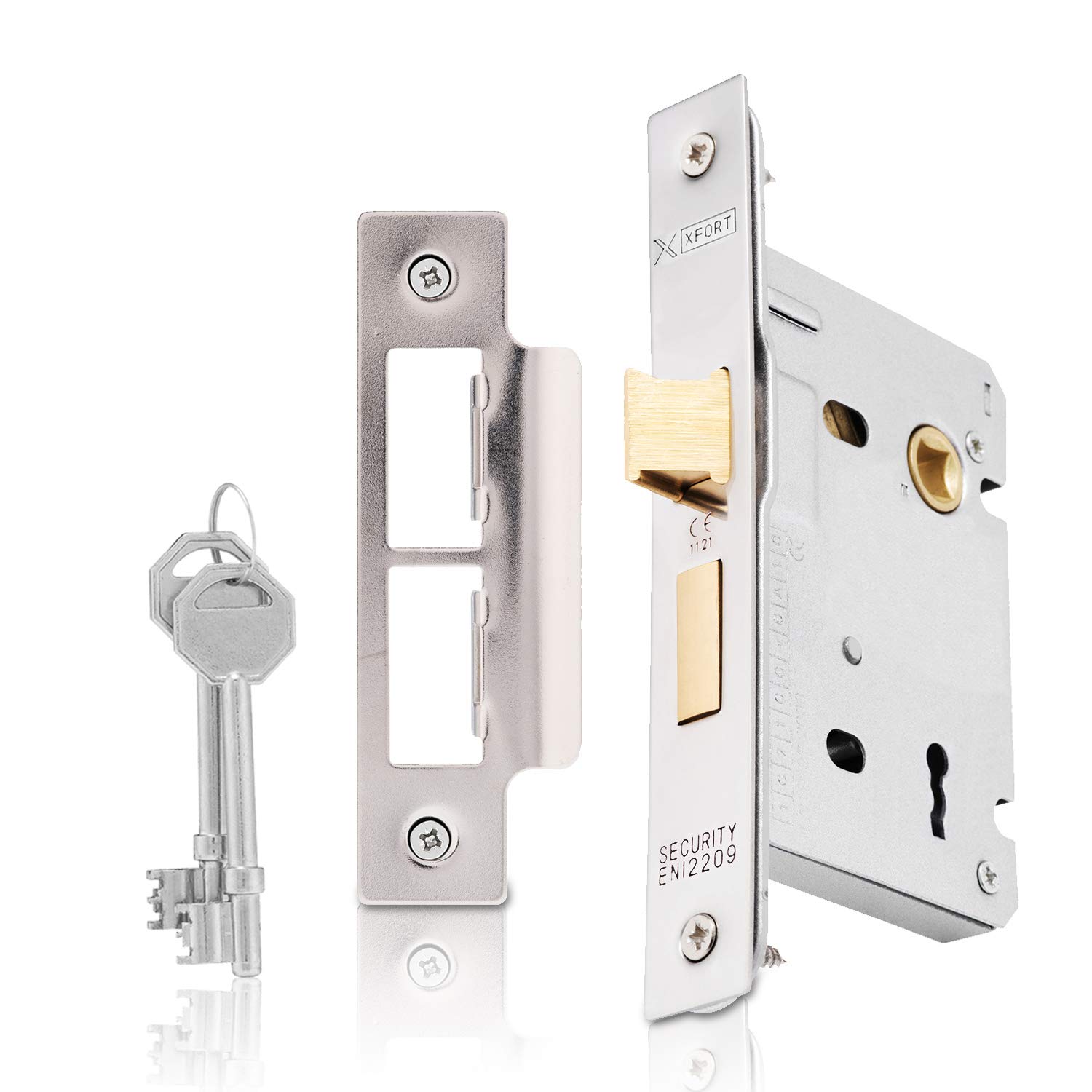 XFORT® 3 Lever Polished Chrome Mortice Sashlock 75mm, Door Lock with Key for Internal and External Doors, Door Latch Mechanism and Key Locking Door Security, CE Approved and Fire Rated Protection