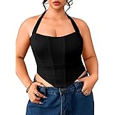 ChiaoLezhee Women's Plus Size Sexy Halter Boned Corset, Square Neck Mesh Lace Up Crop Top, Club Going Out Outfits (14W-22W)