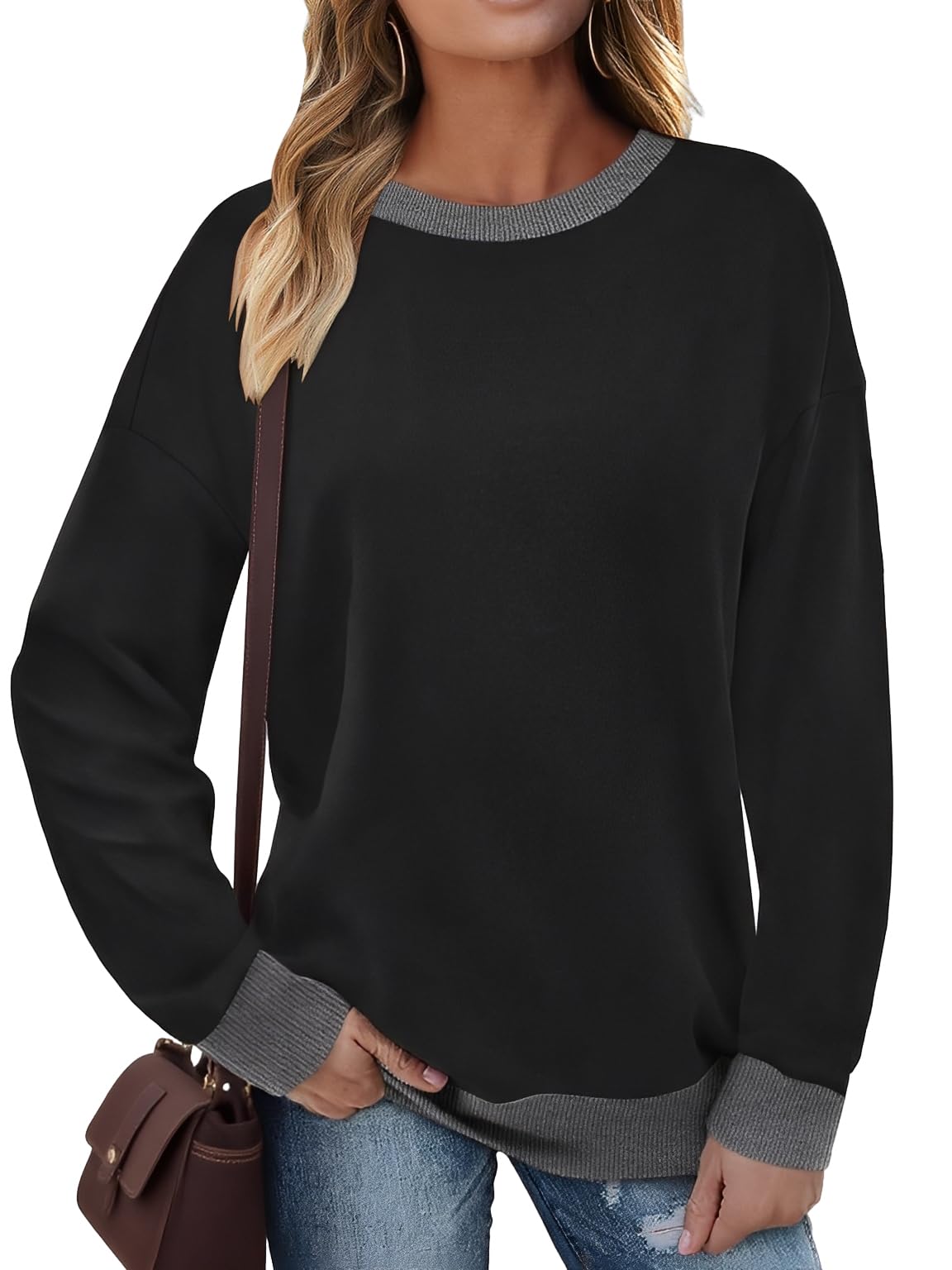 Pullover, Women's Sweatshirt, Round Neck, Long-Sleeve Top, Women's Long-Sleeve Shirt, Contrast