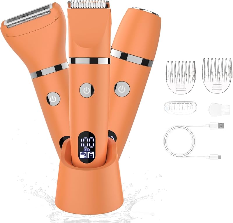 Rasoio elettrico per donna Viso Bikini Corpo Tagliapeli corporeo per donna Epilatore per zona Bikini-Trimmer Impermeabile IPX7 Display LCD Uso a secco/bagnato,Arancione