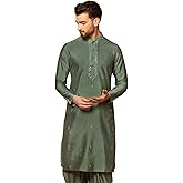 KISAH Men's Kurta – Mirror Work Embroidery Cotton Blend Tunic with Mandarin Collar, Regular Fit – Indian Wedding Outfit for Men – Festive Wear for Diwali, Eid & Celebrations, Sage, 42