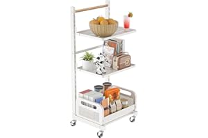 ARATAN 3 Tier Rolling Cart, Small Utility Cart on Wheels, White Detachable Kitchen Cart Storage Organizer Cart with Wooden Handle for Home, Office and Classroom