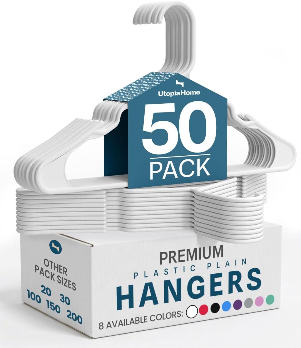 Utopia Home - Plastic Hangers 50 Pack - Space Saving Clothes Hanger - Durable and Strong Closet Organizers and Storage Makes It Ideal Stocking Stuffers or Apartment or Dorm Room Essentials (White)