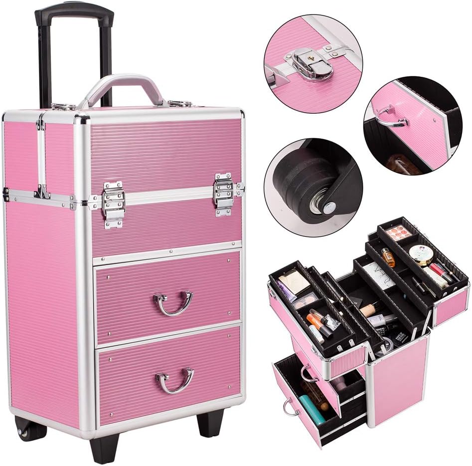 3 in 1 Professional Makeup Train Case Cosmetic Storage 4 Tier Aluminum Rolling Trolley Cosmetic Box With 6 Extendable Trays,Pink, Large