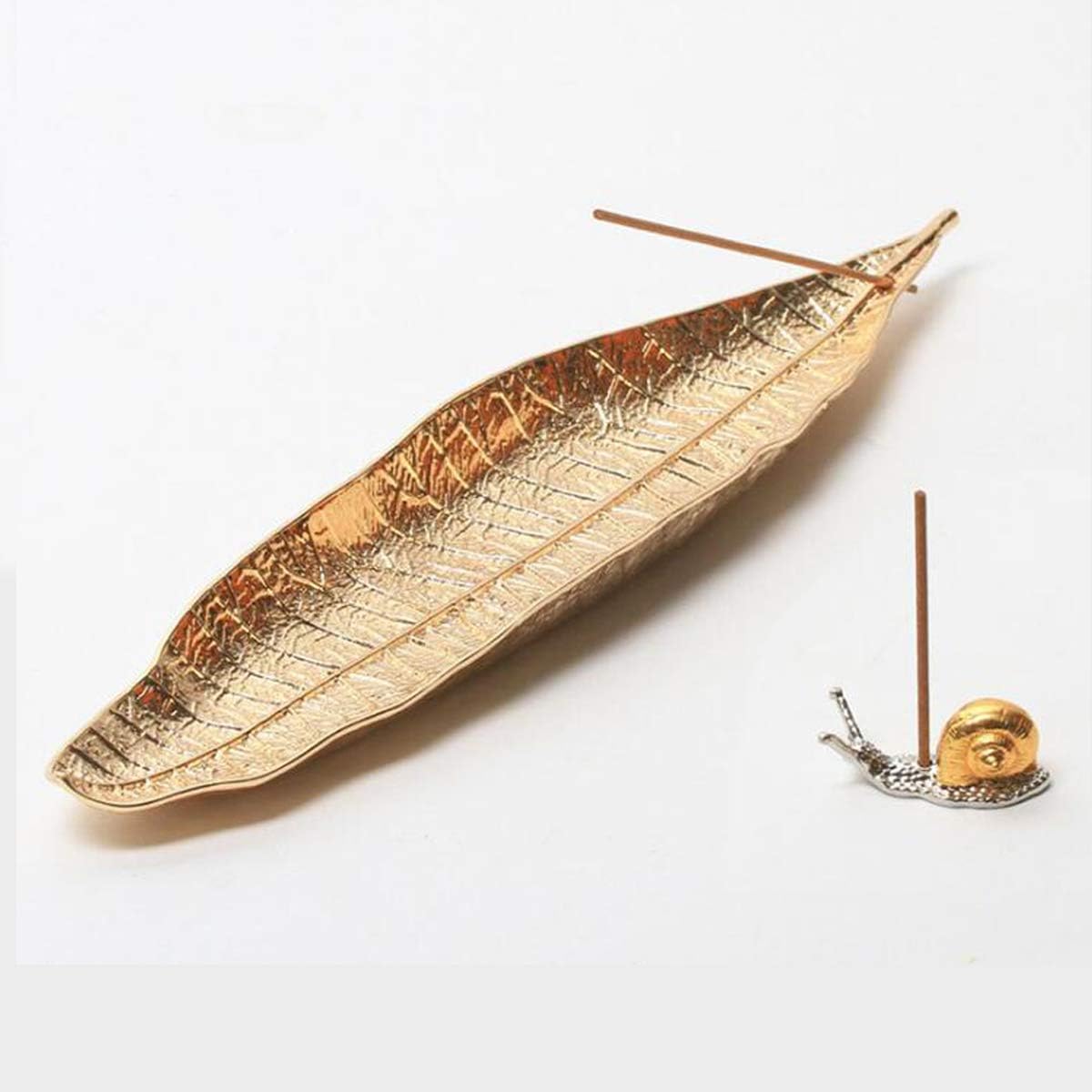 Sunormi Alloy Gold Leaf Shaped Incense Stick Holder Vintage Incense Burner for Yoga Studio Living Room - 11 Inch