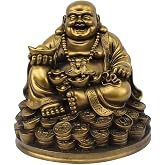 Petrichor Handmade Laughing Buddha Sitting on Lucky Money Coins Carrying Golden Ingot for Feng Shui Good Luck &amp; Happiness (5 inch)