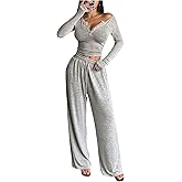 WDIRARA Women's 2ps Lounge Pants Sets Long Sleeve Shirt Pjs Sleepwear Homewear