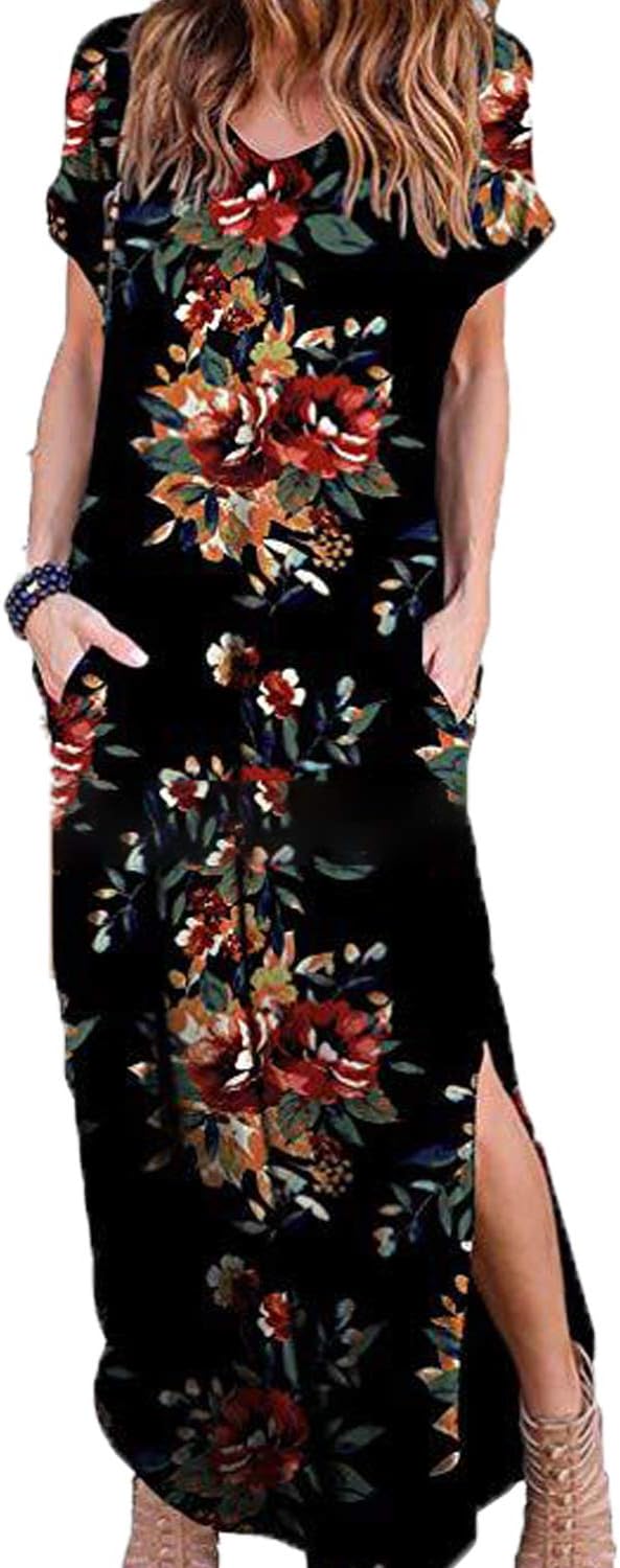 Women Maxi Dress Boho Floral Side Split Summer Long Dress Casual Loose Pockets Sundress Long/Short Sleeve Beach T-Shirt Dress