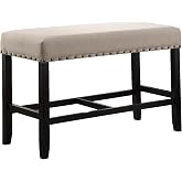 Roundhill Furniture Biony Fabric Counter Height Dining Bench with Nailhead Trim, Tan