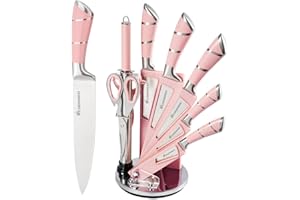 Kitchen Knife Set, Retrosohoo 9-Pieces Pink Sharp Non-Stick Coated Chef Knives Block Set,Stainless Steel Knife Set for Kitche