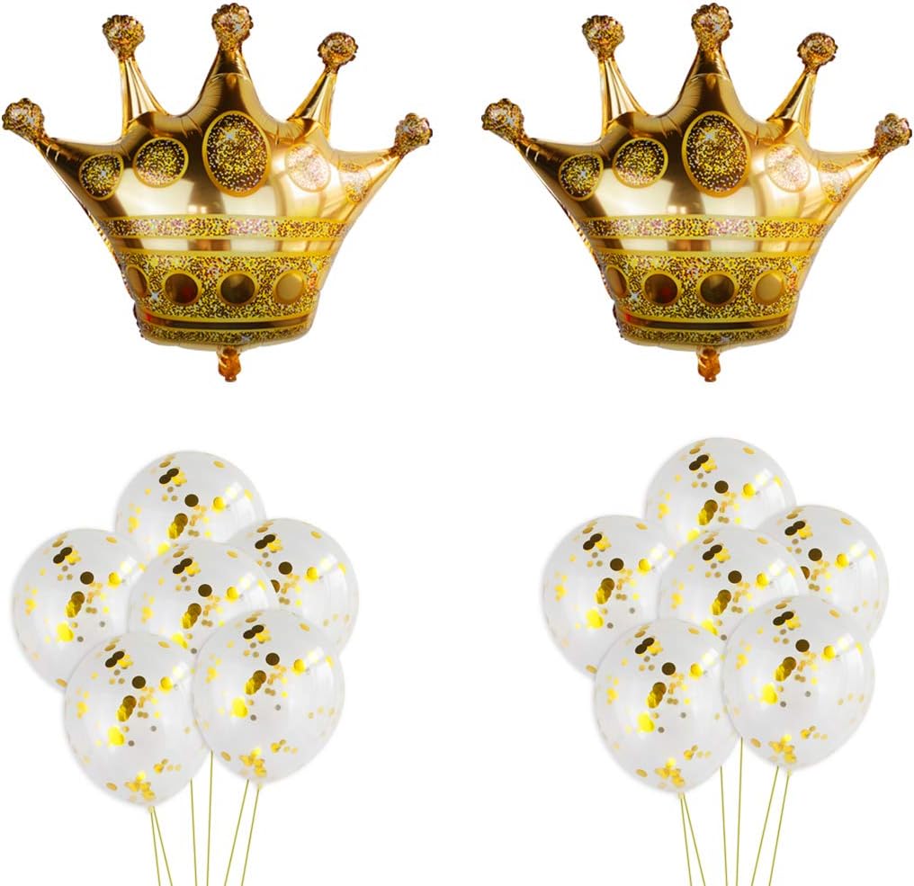 2Pcs Crown Balloons with 12Pcs Gold Confetti Balloons,Crown Foil Helium Balloons for Birthday Wedding Party Decoration (A)