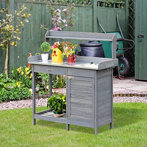 Outsunny Garden Potting Bench Table with Lockable Storage and