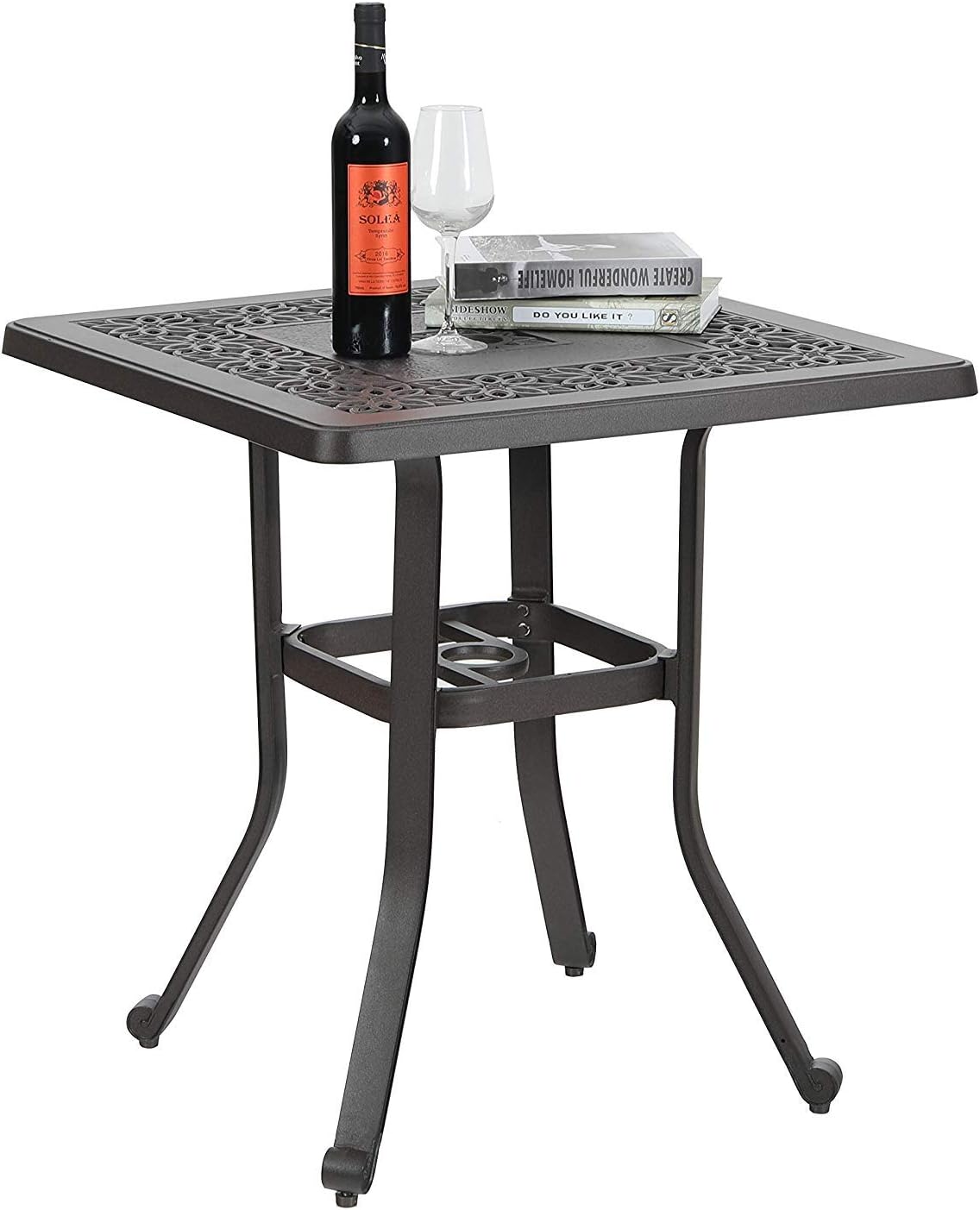 PHI VILLA Outdoor Balcony Garden Furniture Patio Bistro Coffee Table 27.5" Square Cast Aluminum with Umbrella Hole, Frosted Surface: Kitchen & Dining